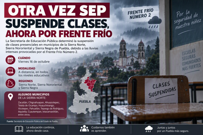 Otra vez SEP suspende clases; ahora por frente frío en la Sierra Norte de Puebla